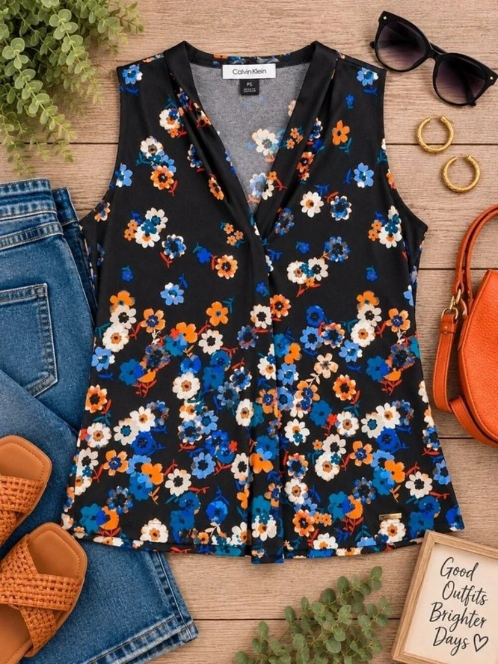 Calvin Klein Petite Small Floral Sleeveless Blouse Black Blue Orange V-Neck